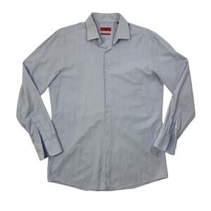 Hugo Boss Shirt Mens 15.5 Periwinkle White Shaped Fit Micro Check Long Sleeve